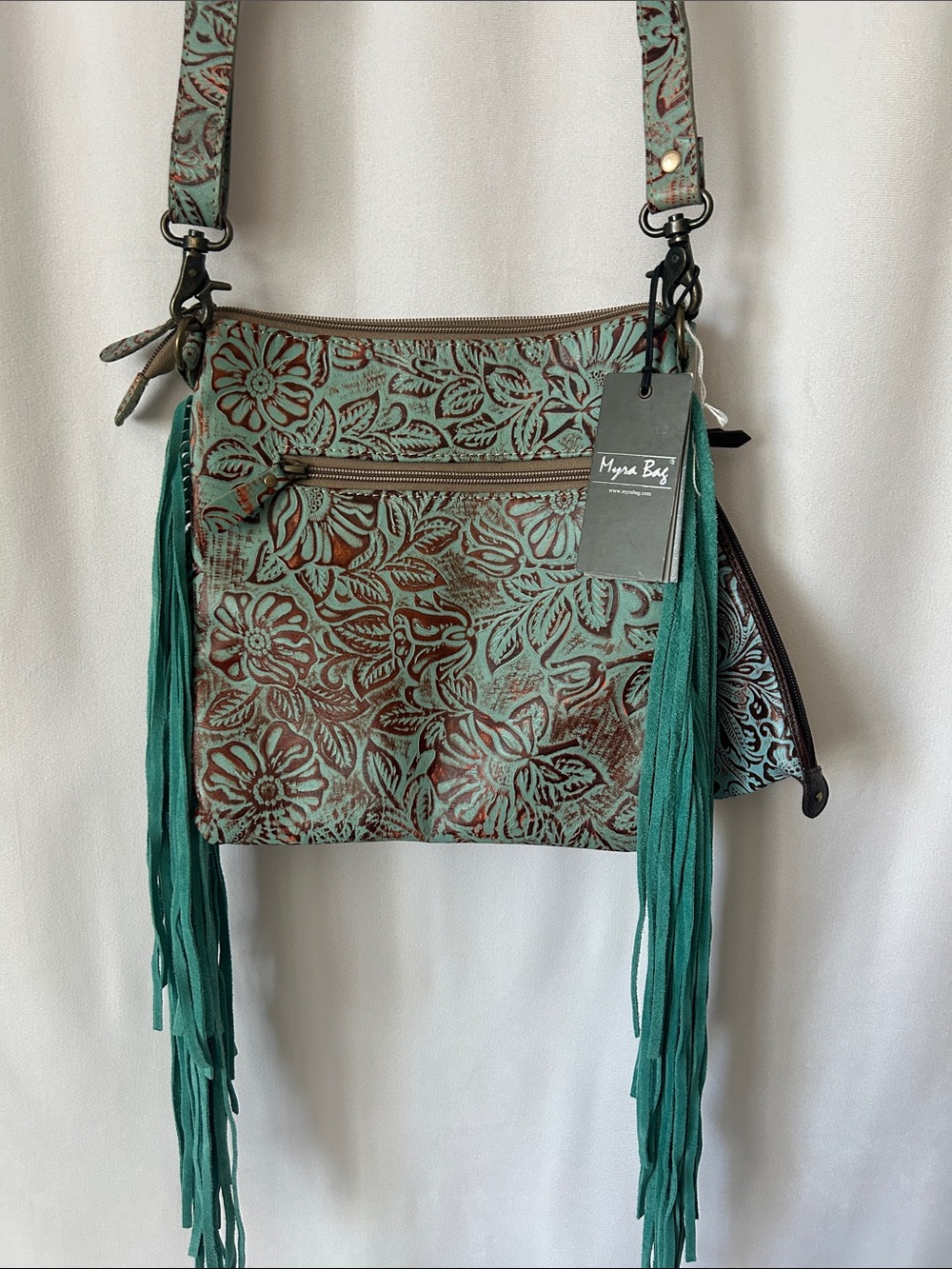 Myra Bag NWT Turquoise Floral Tooled Leather Suede Fringe Crossbody Bag w/ Pouch - Picture 2 of 9